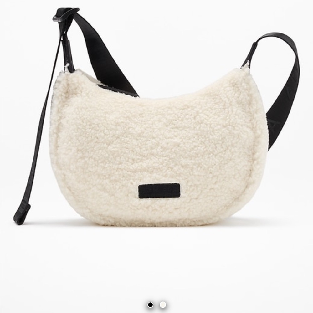 Athleta Cream Sherpa Crossbody crescent Bag with Black Strap NWT